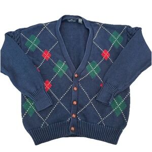 Vtg Structure Argyle Knit Cardigan Sweater Mens L Navy Blue Button Front 90s
